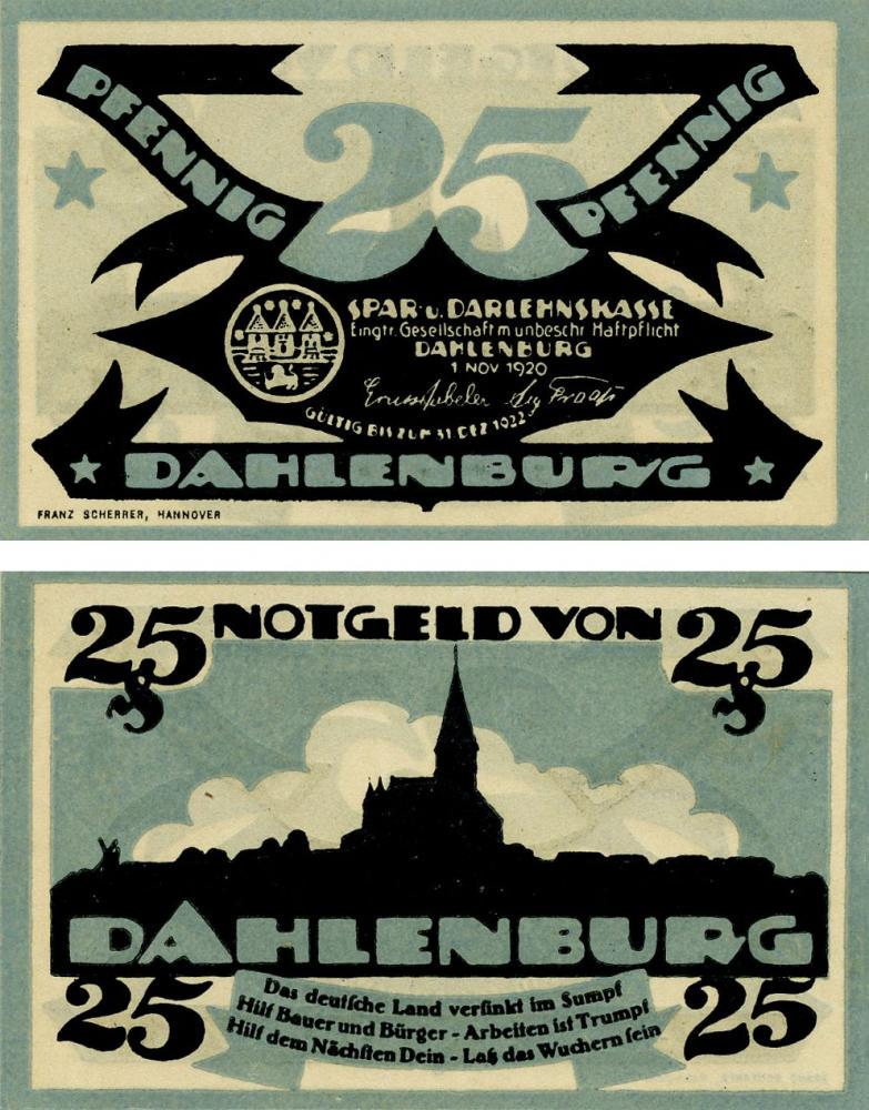 Коллекционная банкнота Германия Нотгельд 25 пфеннигов 1920 F-VF Даленбург (Б16156)