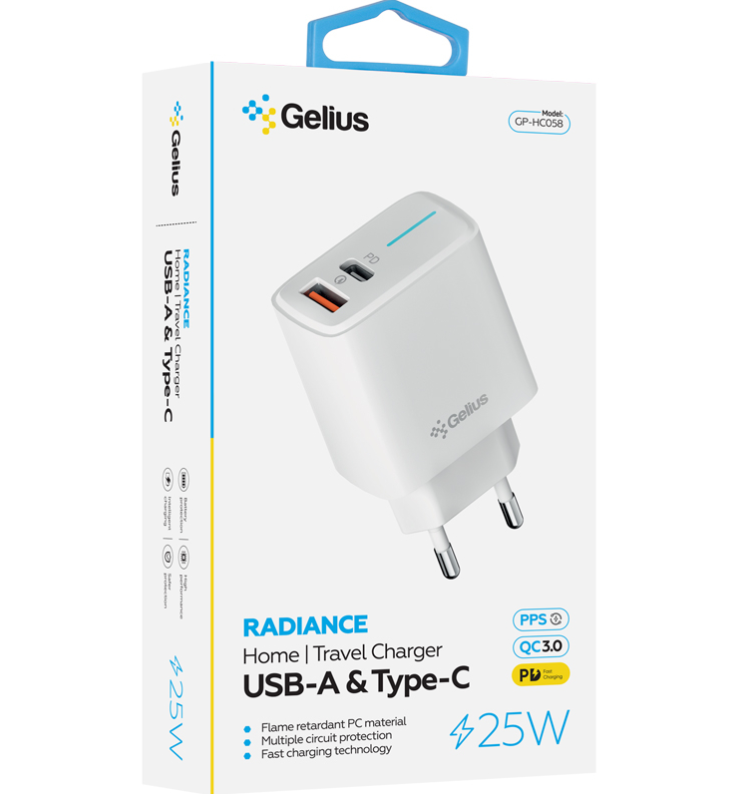 Зарядний пристрій мережевий Gelius Radiance GP-HC058 1 Type-C+ 1USB-APD/QC3,0/PPS/Super VOOC 25W White - фото 3 Зарядний пристрій мережевий Gelius Radiance GP-HC058 1 Type-C+ 1USB-APD/QC3,0/PPS/Super VOOC 25W White - фото 3