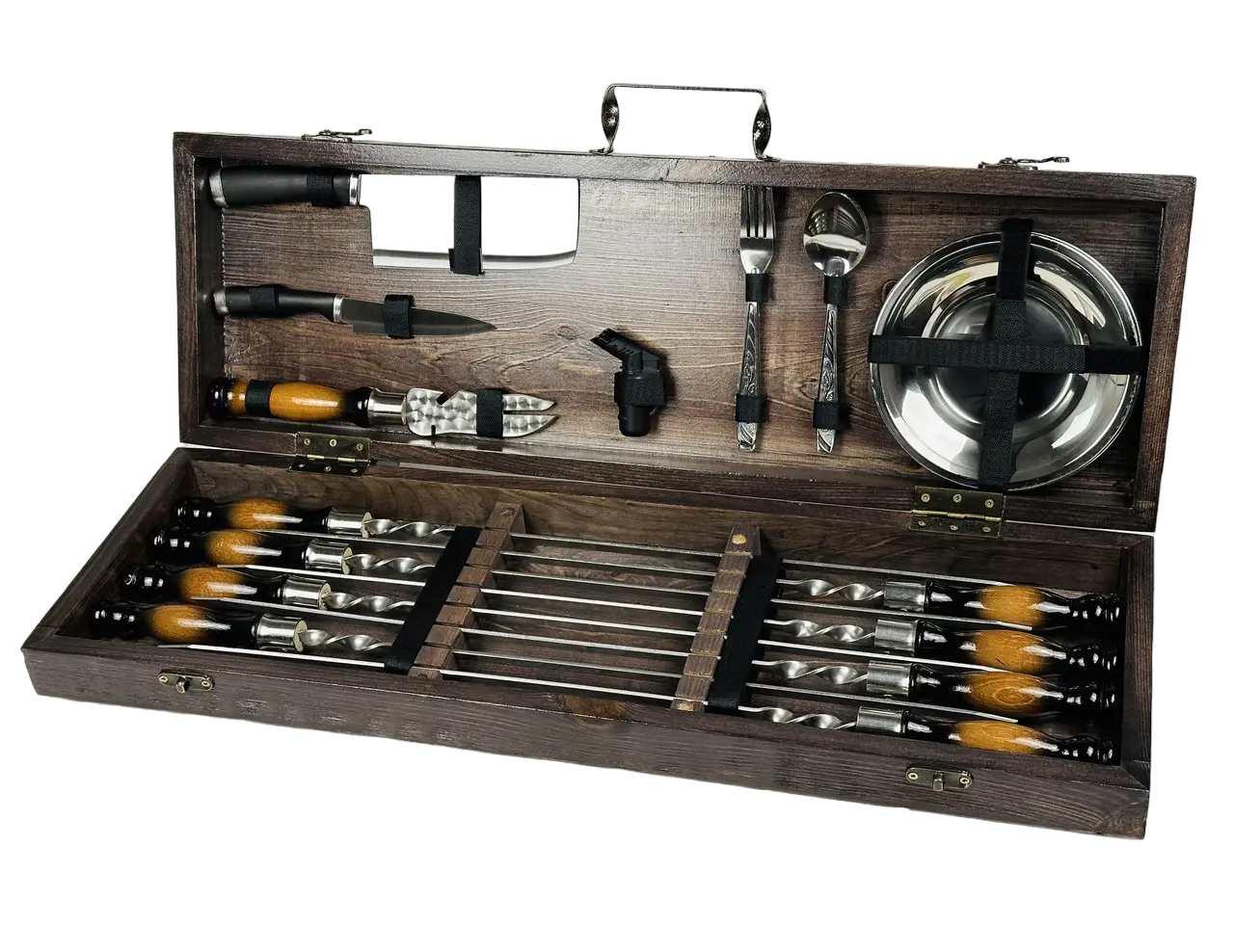 Набір шампурів у кейсі Голд середній дерев'яний з нержавіючої сталі (2-10-KS-7606)