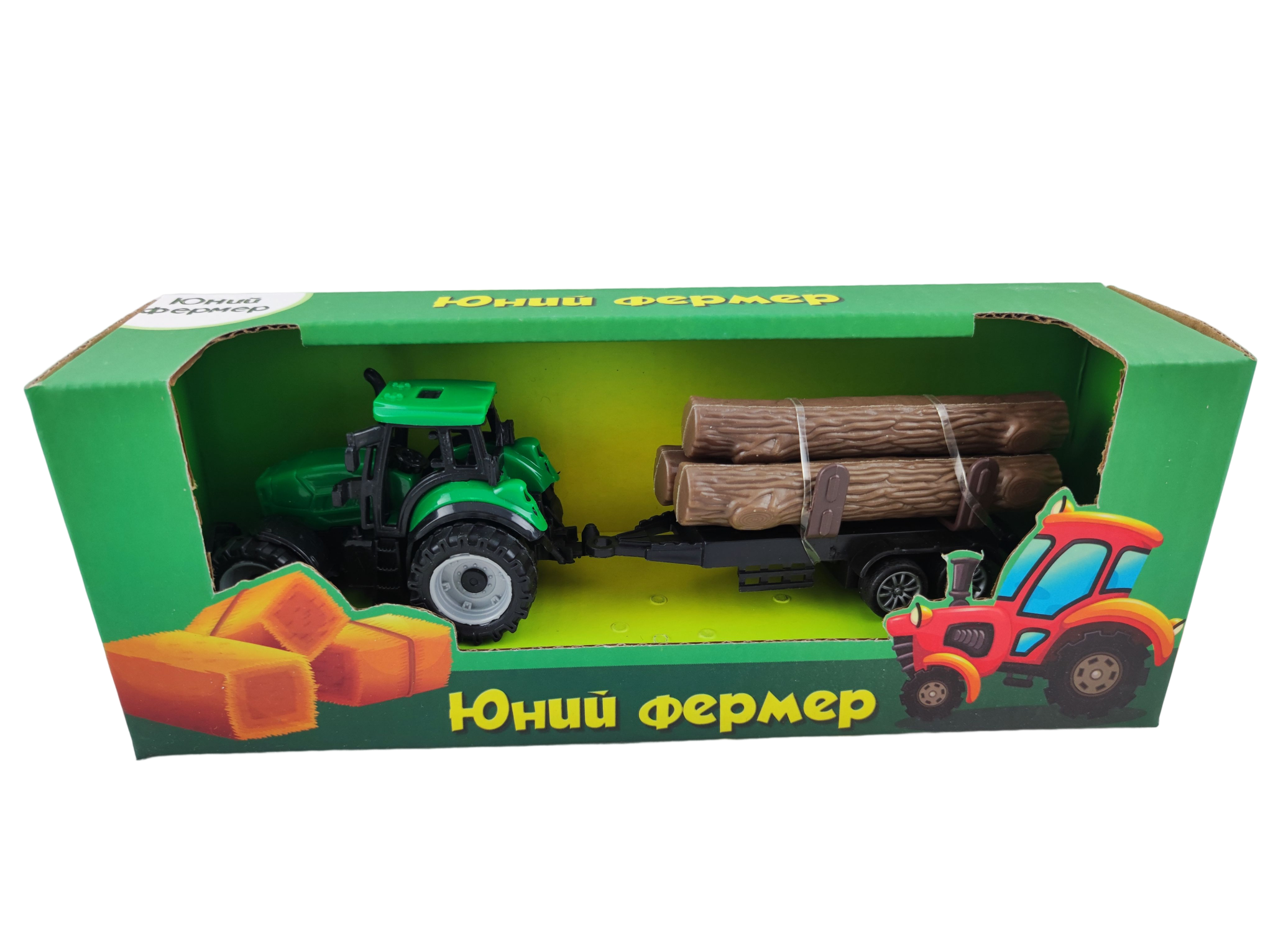 Машинка игрушечная Юний фермер Трактор с прицепом и бревнами 20 см Зеленый (109732-2)