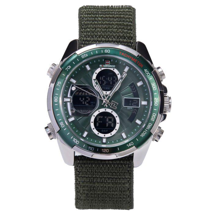 Часы мужские NaviForce Fly Army Hook 2 ремешки со стальным корпусом 46х17 мм Серебро с зеленым (150-96-2130)