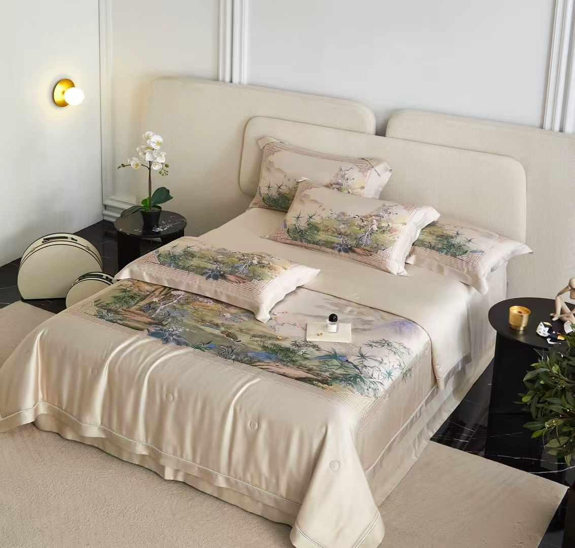 Комплект постельного белья Цветы с одеялом тенсел семейный (70122)