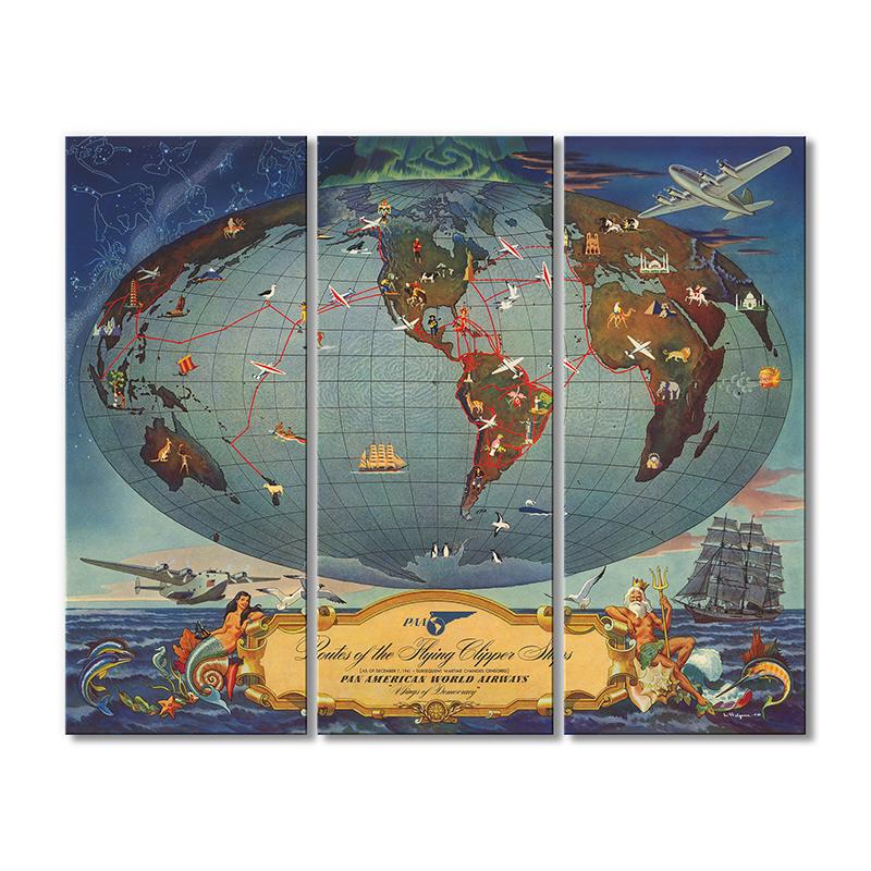 Винтажная карта Маршруты летающих кораблей 3 модуля 60x90 см