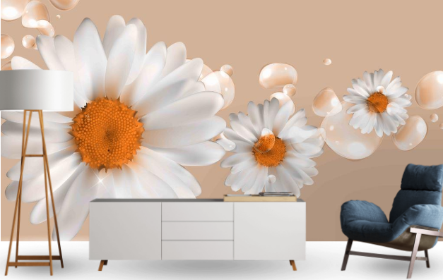 Фотообои 3D флизелиновые цветочные для спальни/зала/кухни Ромашки и капельки