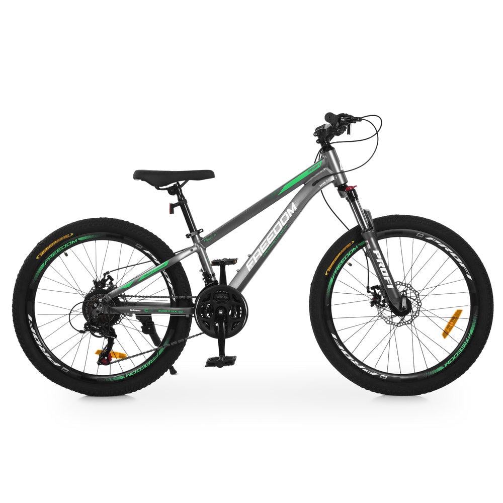 Велосипед горный подростковый 24" Profi Freedom AM DD алюминиевая рама 11" рост 125-150 см Серо-зеленый (FD-24002)