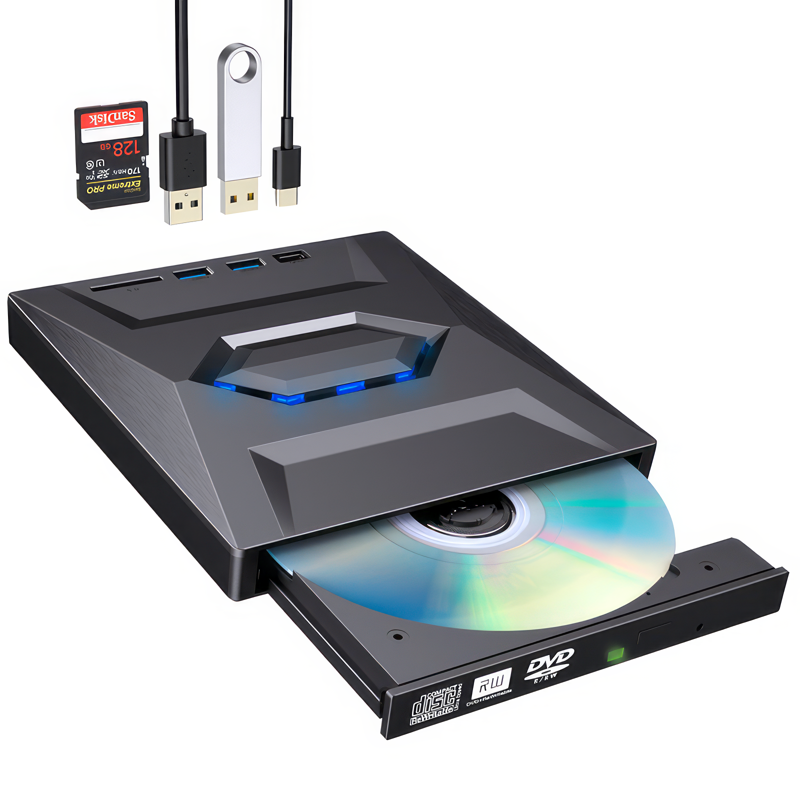 Привод DVD внешний оптический 5в1 с интерфейсом Type-C и USB 3.0 Черный (23011)