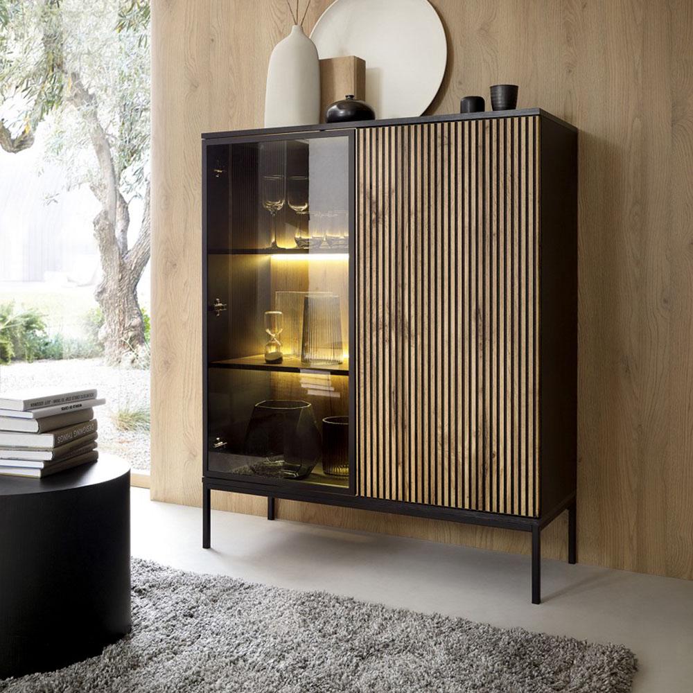 Шкаф-витрина низкий Perfect Home Sento WT104 двухдверный с подсветкой Черный/Дуб один (PFH-091490)