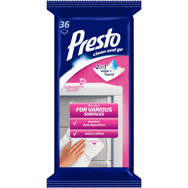 Серветки вологі для різних повернохь 2в1 антистатичні Presto Wet Wipes For Various Surface 36 шт.