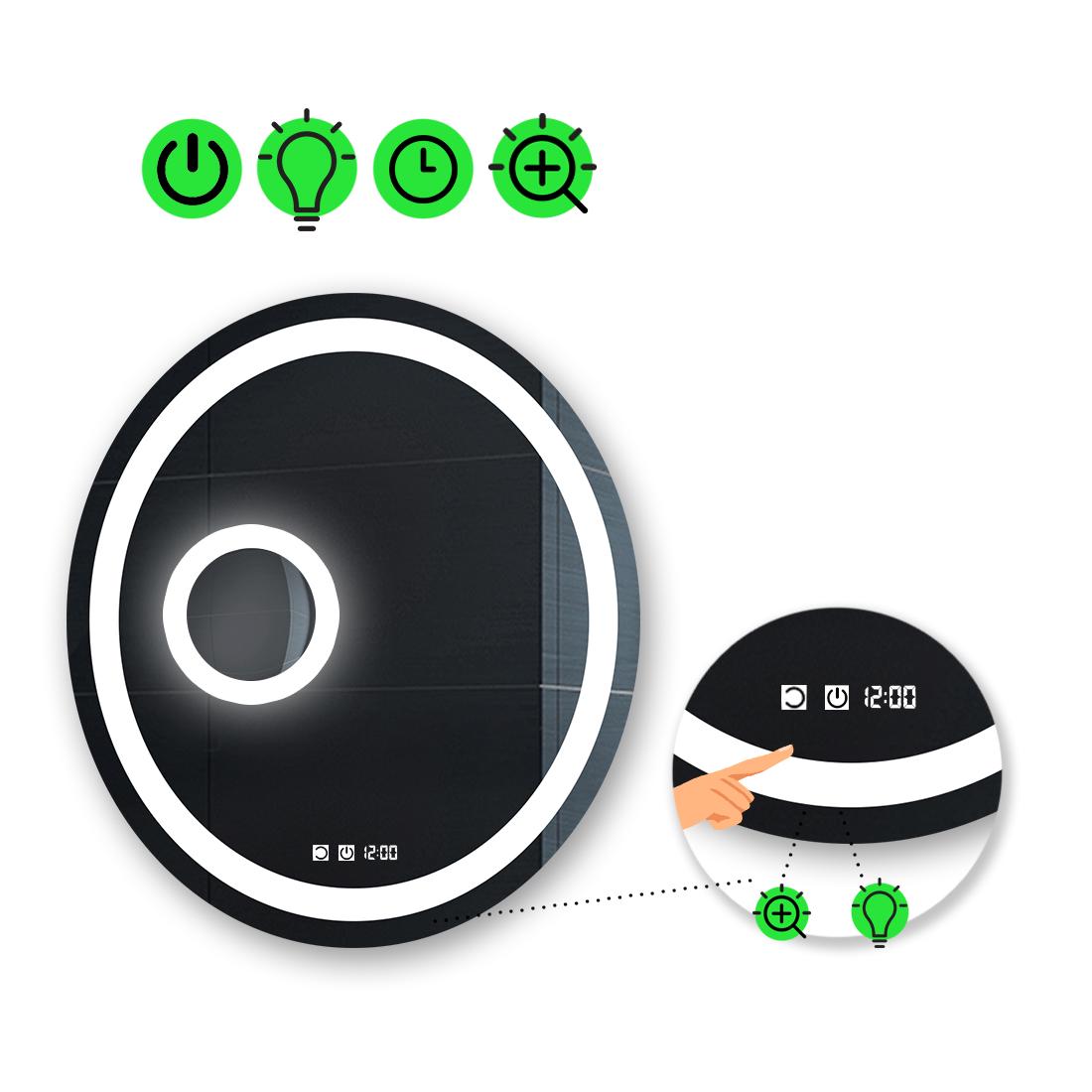 LED-зеркало 80x80 см с двумя сенсорами часами и линзой с подсветкой модель Amica