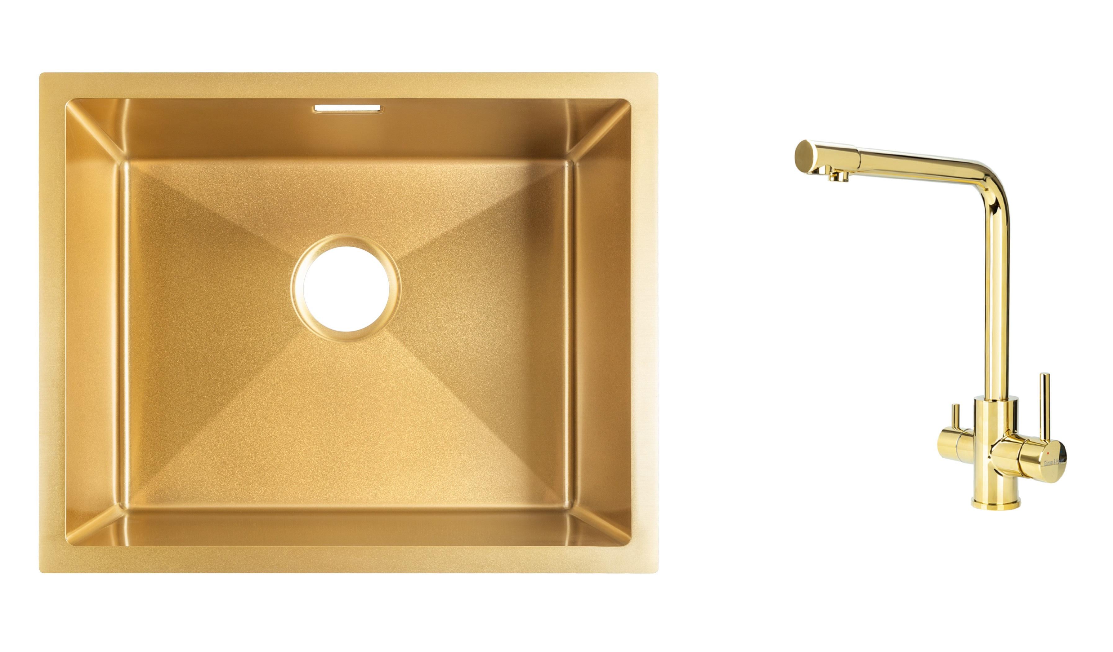 Комплект з кухонної мийки Gunter&Hauer Ruwer 5522 Gold та кухонного змішувача Gunter&Hauer PERLE Gold