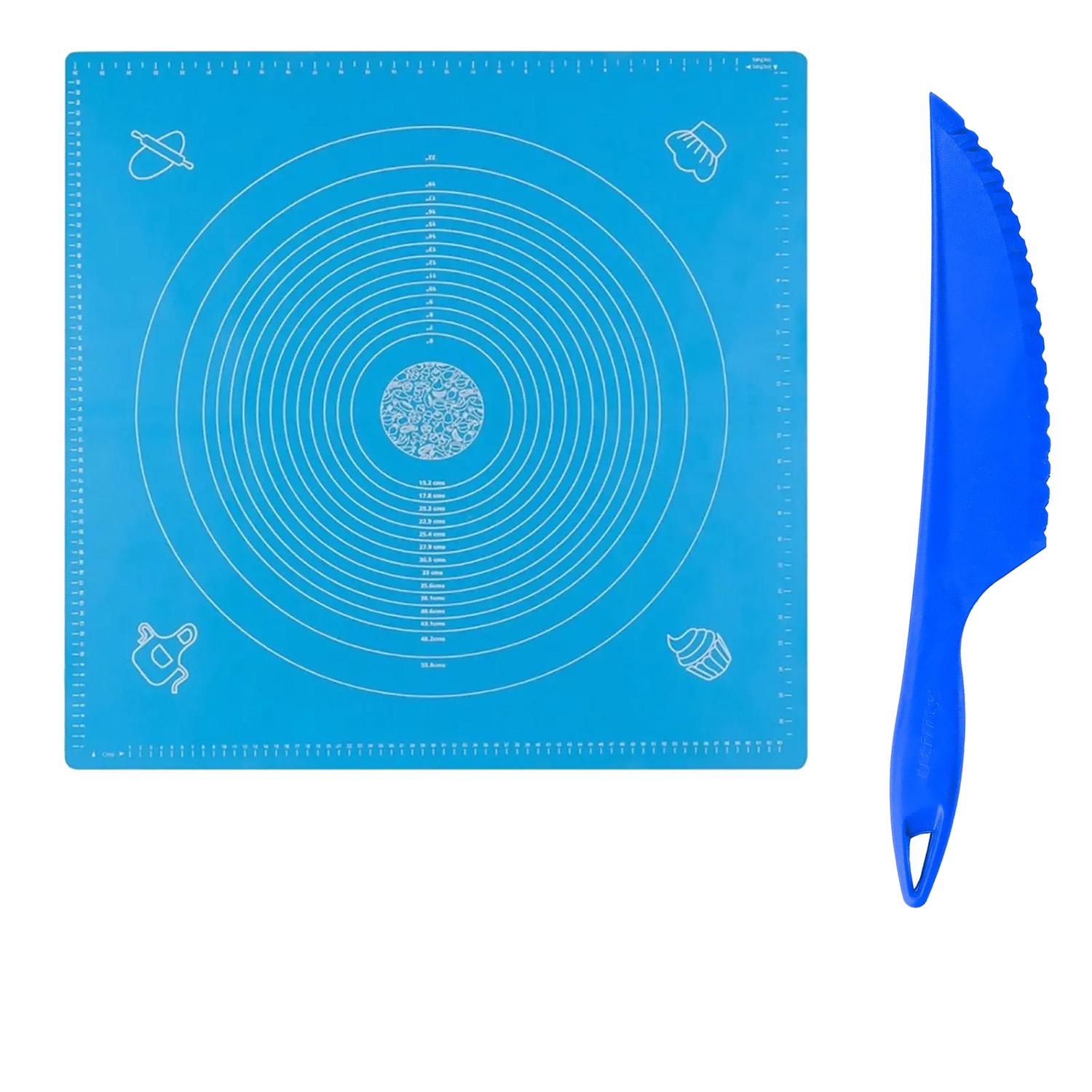 Килимок силіконовий для розкочування тіста 70х70 см та ніж пластиковий Блакитний