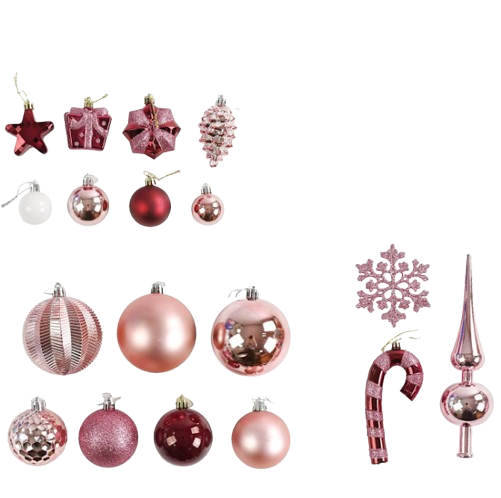 Набор рождественских украшений игрушки с верхушкой на елку 65 шт. Розовый/Красный (160752)