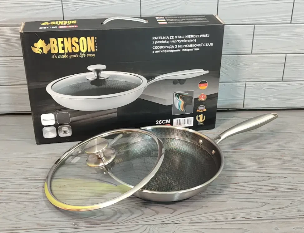 Сковорода с крышкой Benson из нержавеющей стали 26 см с антипригарным покрытием (BN-441)