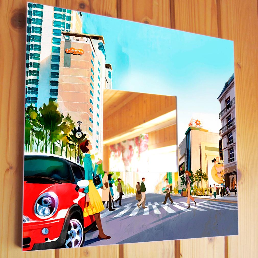 Зеркало декоративное Город в рамке с графикой 260х260 мм (M00475)