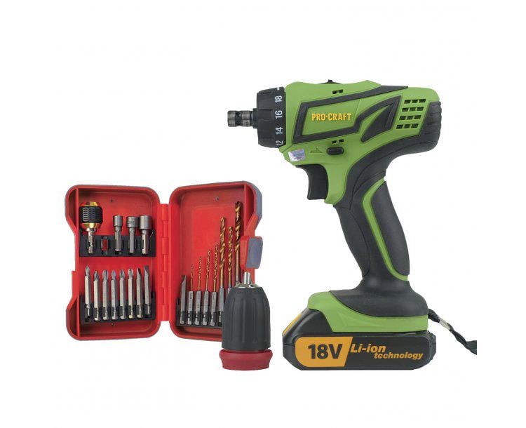Шуруповерт акумуляторний Procraft PA18Pro DFR (набір свердл та біт)