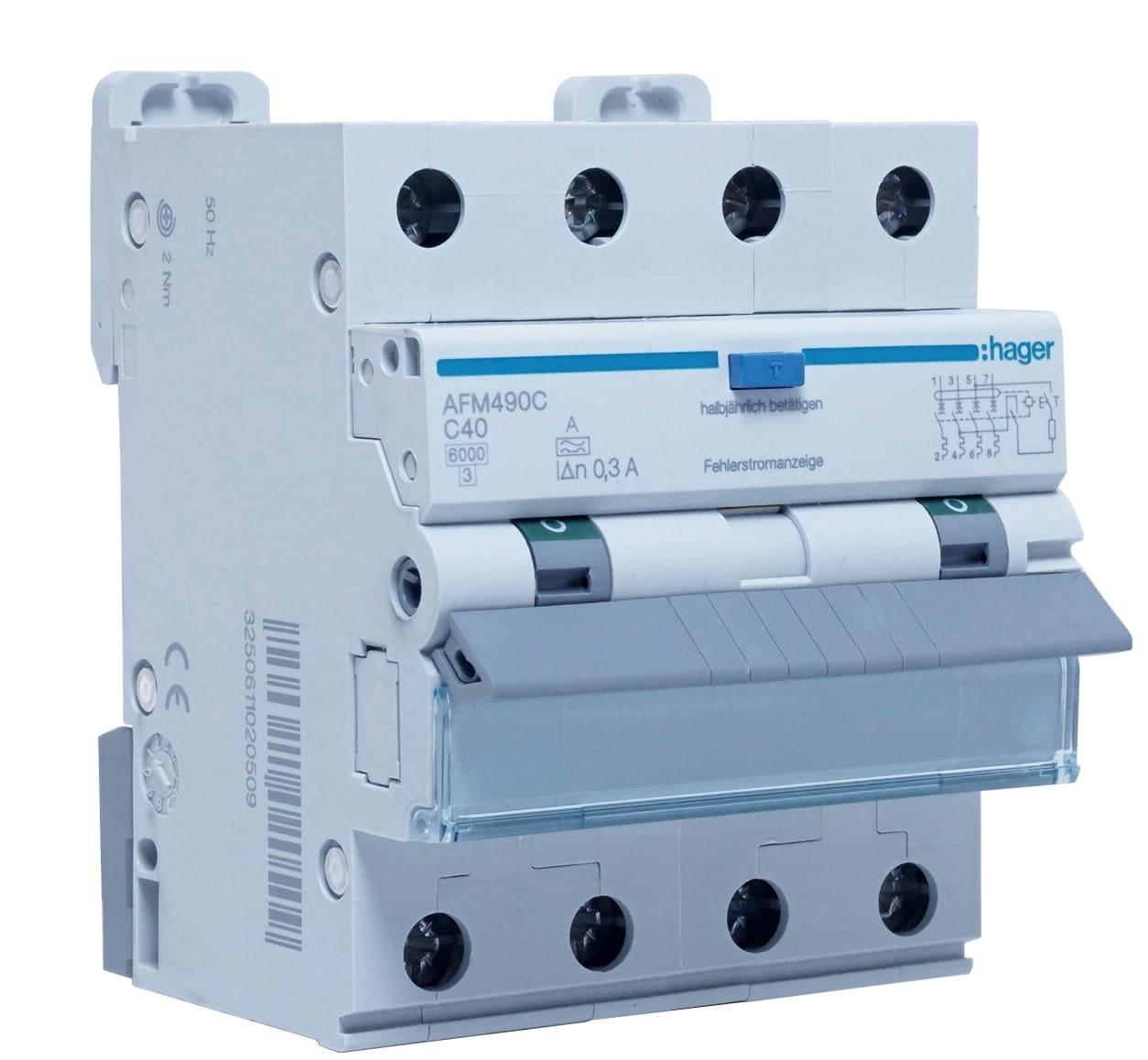 Дифавтомат Hager 40A 300mA 6kA 4 полюса тип C тип A AFM490C (11272)