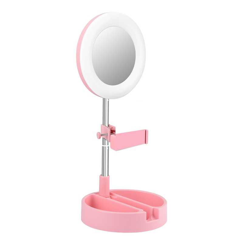Кольцевая лампа Selfie Light G3 16 см с держателем и зеркалом с подсветкой Розовый