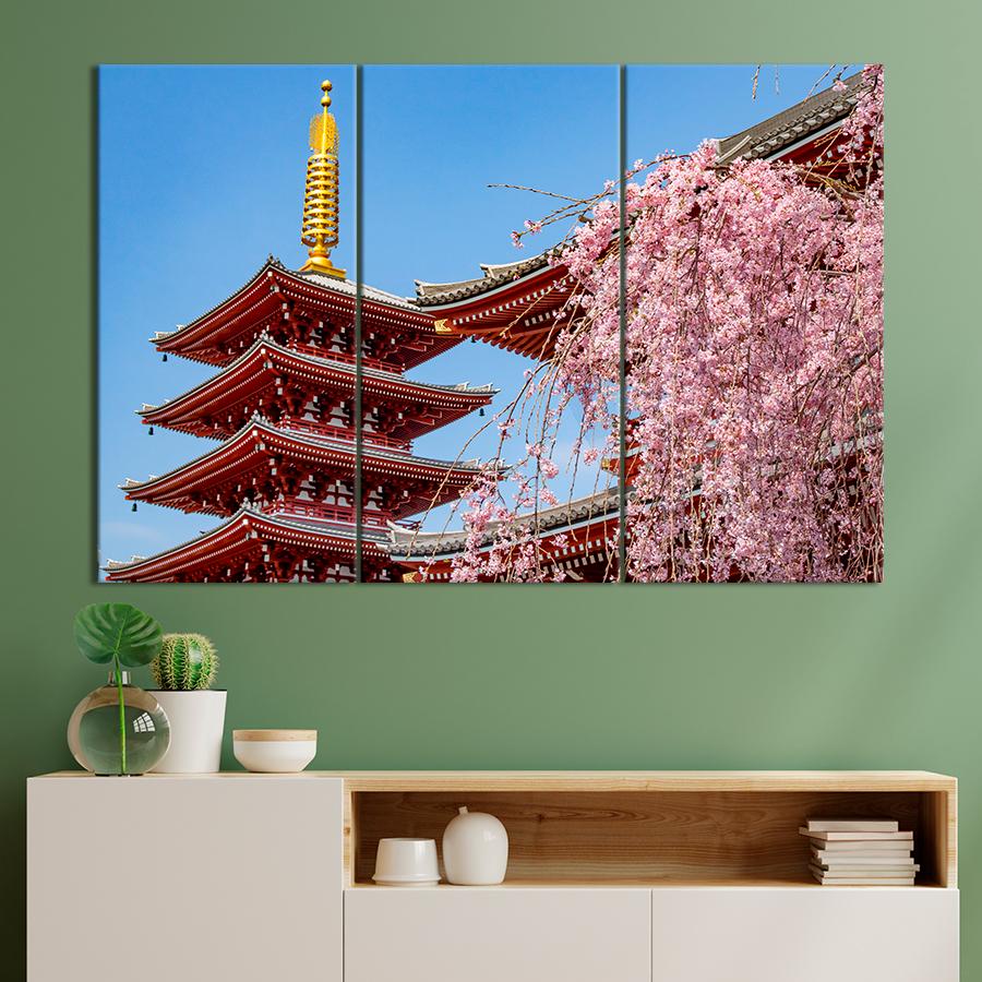 Картина город Сакура на фоне храма Сэнсодзи 128x81 см (A861-3)