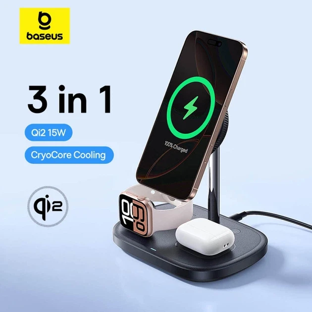Зарядний пристрій бездротовий BASEUS EnerFill FS41 3в1 Wireless Charging Stand P10281904123-01 Black - фото 5 Зарядний пристрій бездротовий BASEUS EnerFill FS41 3в1 Wireless Charging Stand P10281904123-01 Black - фото 5