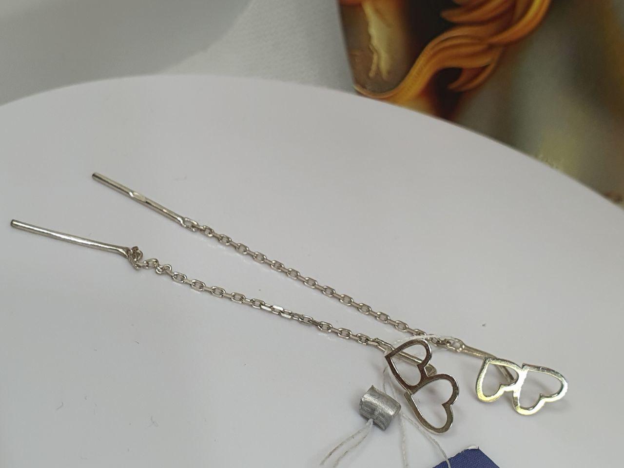 Серьги серебряные протяжки Два сердечка одинарные 925 проба (26943753)