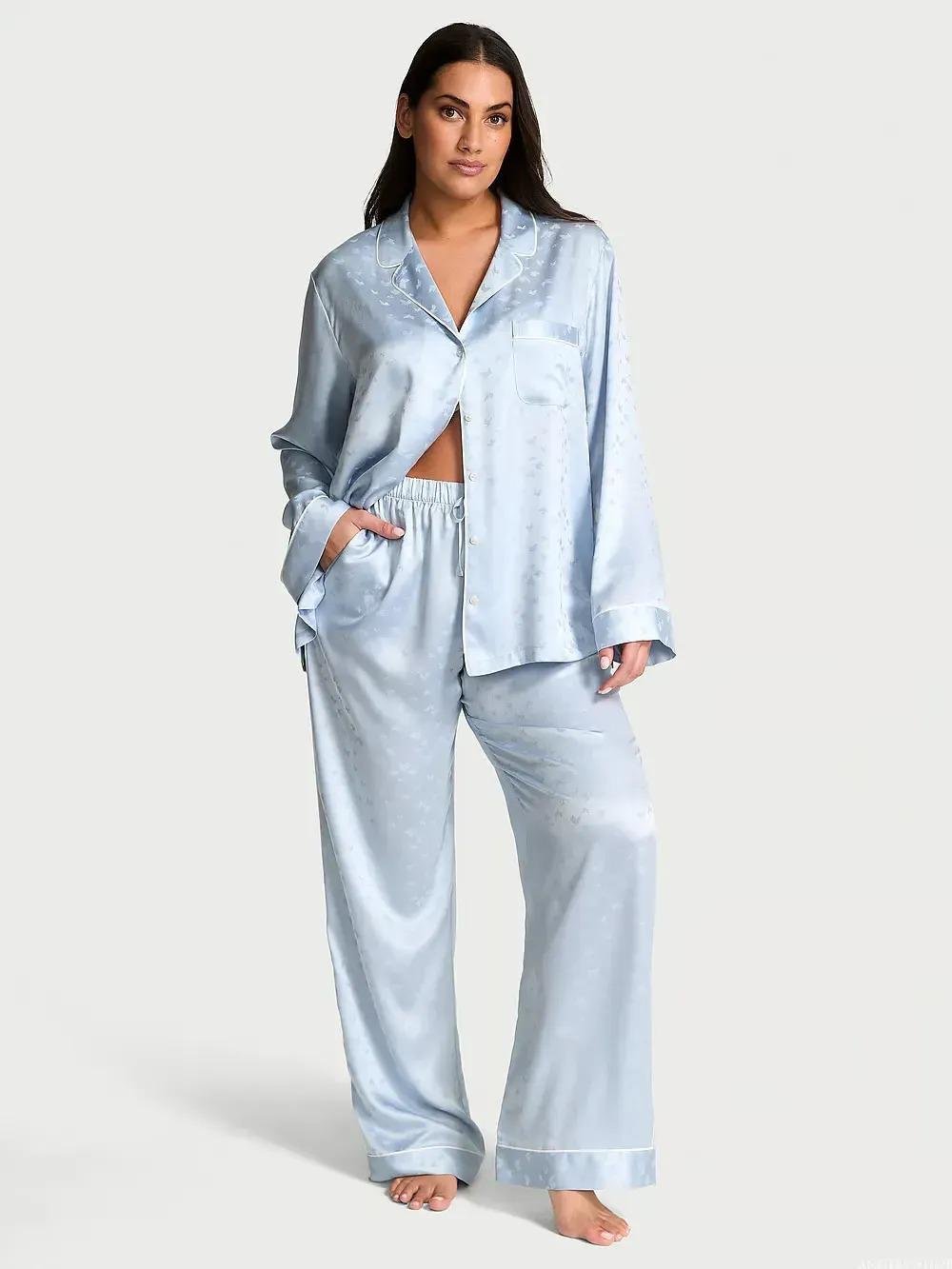 Піжама сатинова сорочка/штани Victoria's Secret Butterfly Satin Long Pajama Set Regular XS Блакитний (26811551D)