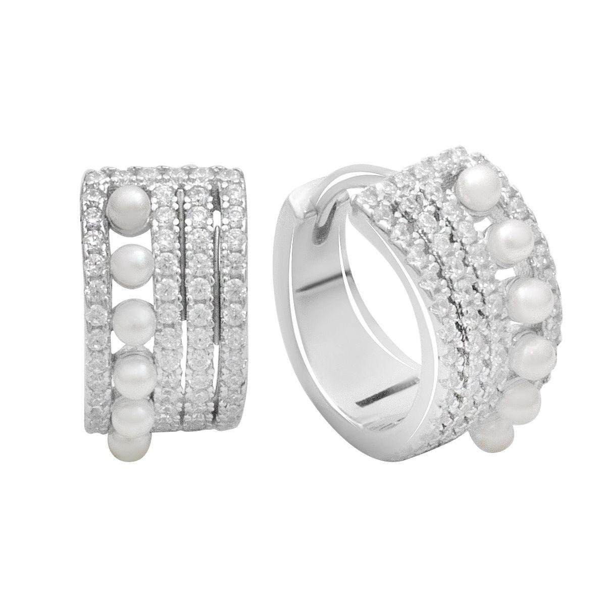 Серебряные серьги-кольца с жемчугом и фианитами