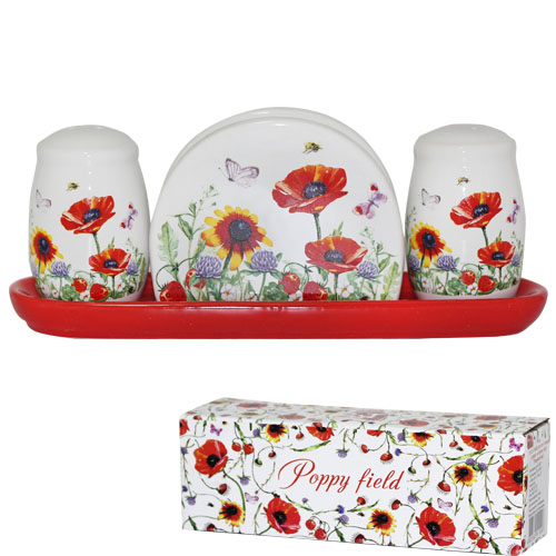 Набор емкостей для соли и перца SNT Полевой мак с салфетницей на подставке 4,5х7 см (6912-5)