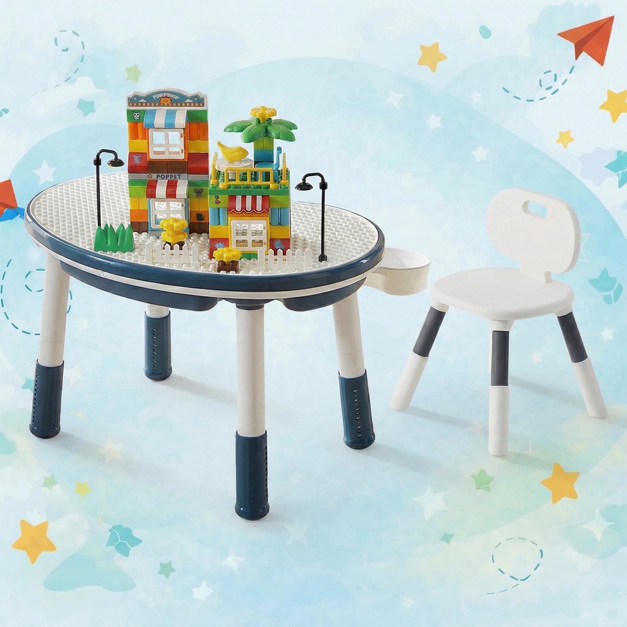 Столик детский со стульчиком Poppet Мультиплей 5в1 с конструктором Дом мечты Индиго (PP-SET-011I-03)