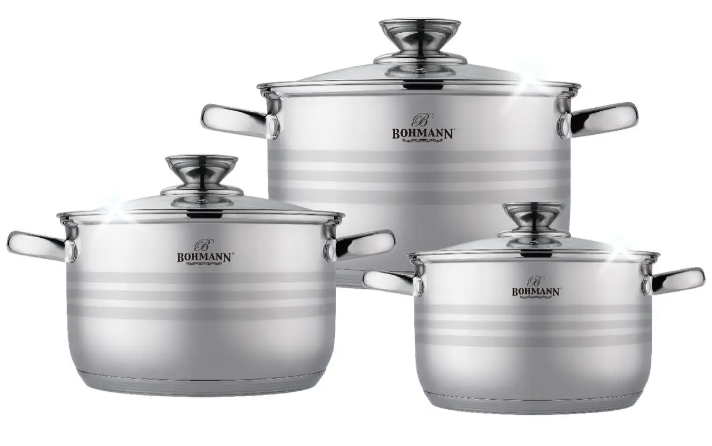 Набор кастрюль Bohmann из нержавеющей стали 6 пр. 2,1 л/2,9 л/3,9 л (ВН 1506)