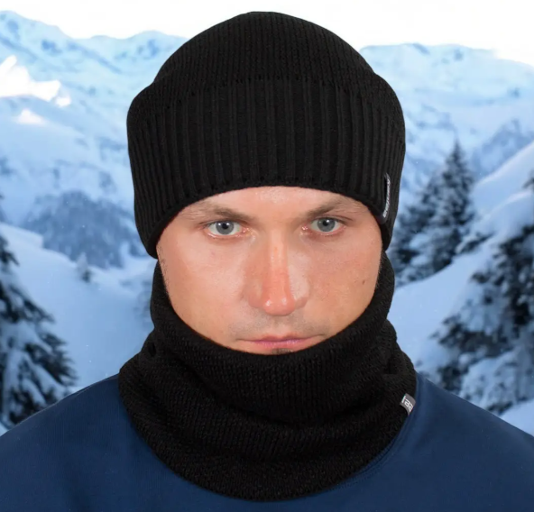 Комплект мужская шапка с отворотом и снудом на флисовой подкладке Черный (29548327) - фото 4