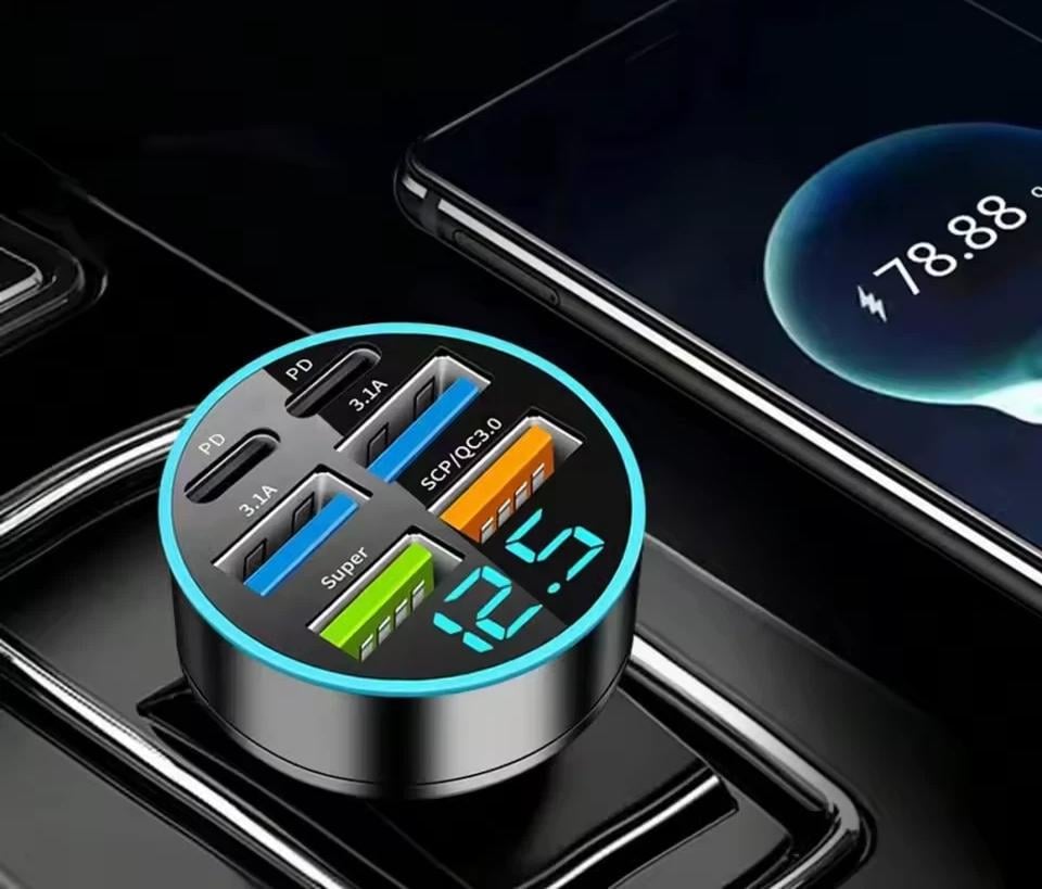 Зарядное устройство автомобильное с LCD-дисплеем и поддержкой быстрой зарядки PD/QC3.0 4xUSB-A/2xUSB-C 3,1 A Черный (D-0058) - фото 4