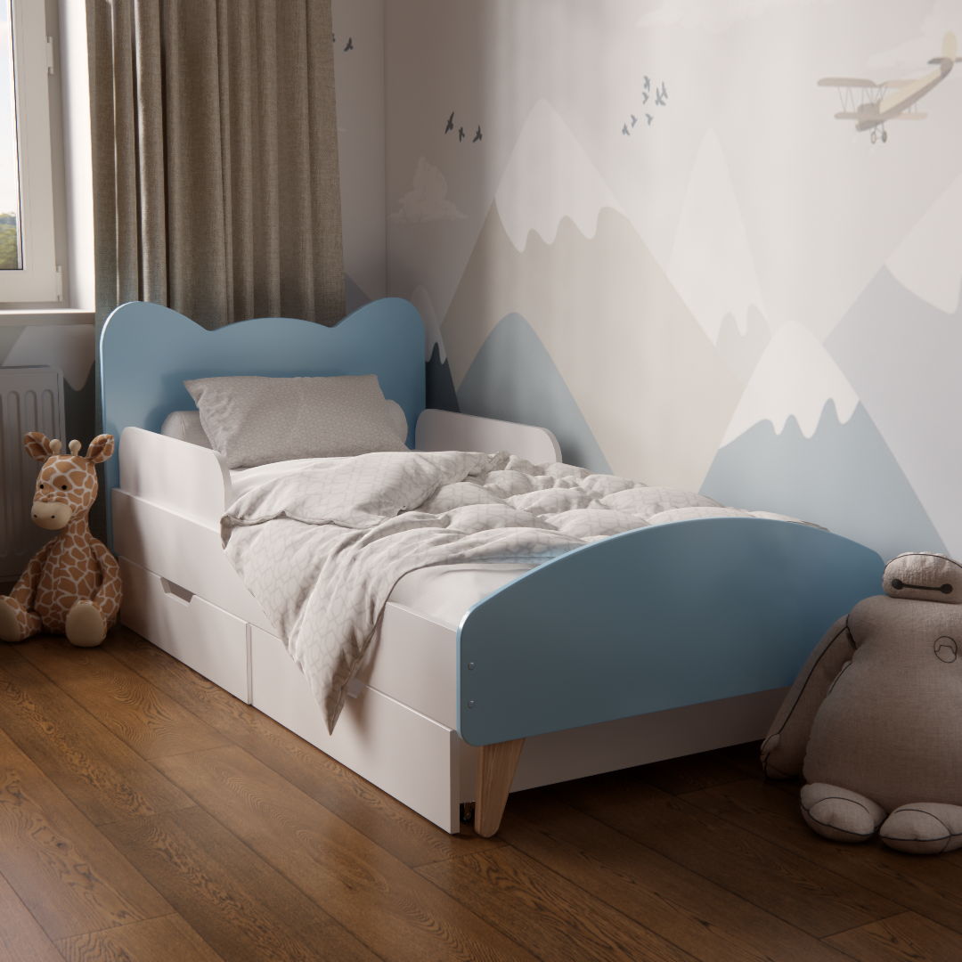 Кроватка детская Котик с ящиками и бортиками для детей 3-10 лет для мальчиков 160х80 см Голубой - фото 1 Кроватка детская Котик с ящиками и бортиками для детей 3-10 лет для мальчиков 160х80 см Голубой - фото 1