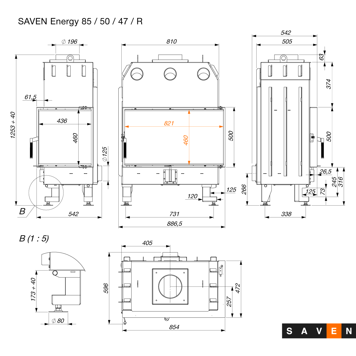 Камінна топка кутова SAVEN Energy ECO R 17,0 kW 85х50х47 (9161448) - фото 3