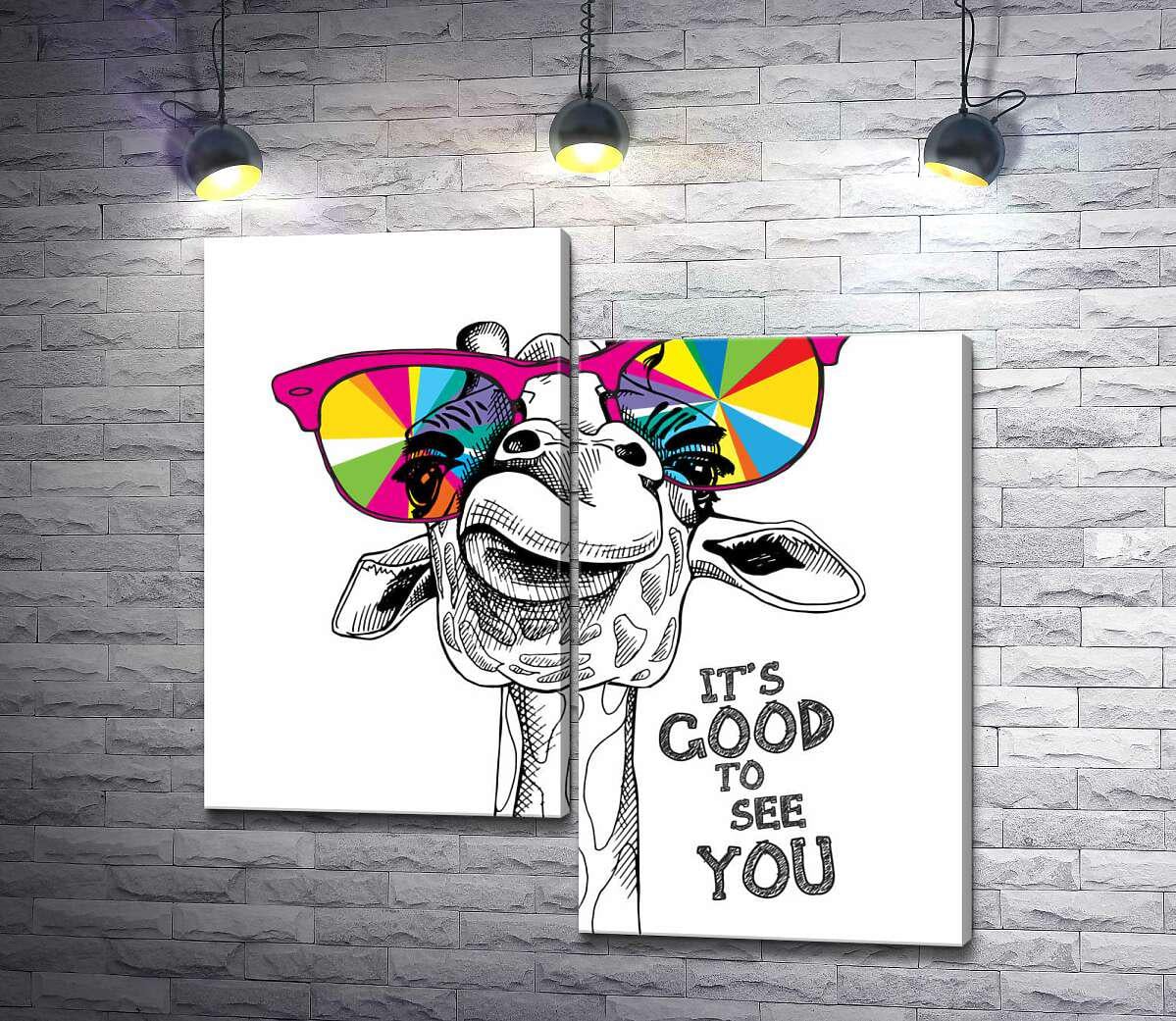 Модульная картина ArtPoster Радужные очки на носу жирафа с фразой "it's good to see you" 100x100 см Модуль №5 (003430)