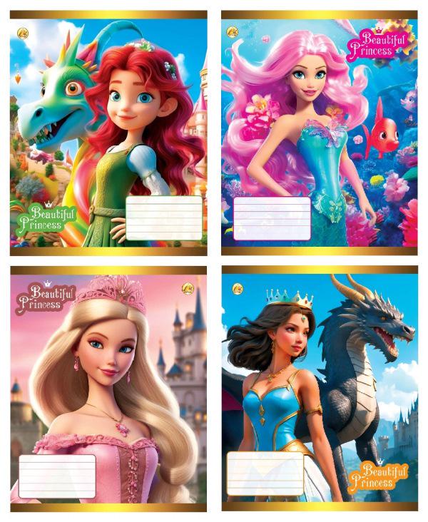 Зошити учнівські Тетрада Принцеси в косу лінію тверда палітурка 12 арк. 25 шт. (MTT-199156)