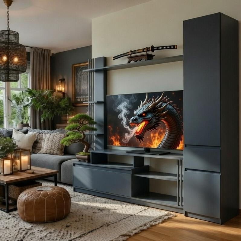 Стенка для ТВ Мастер Форм Брайт ДСП в гостиную с пеналом правосторонняя 2100х520х2000 мм Антрацитовый (31034)