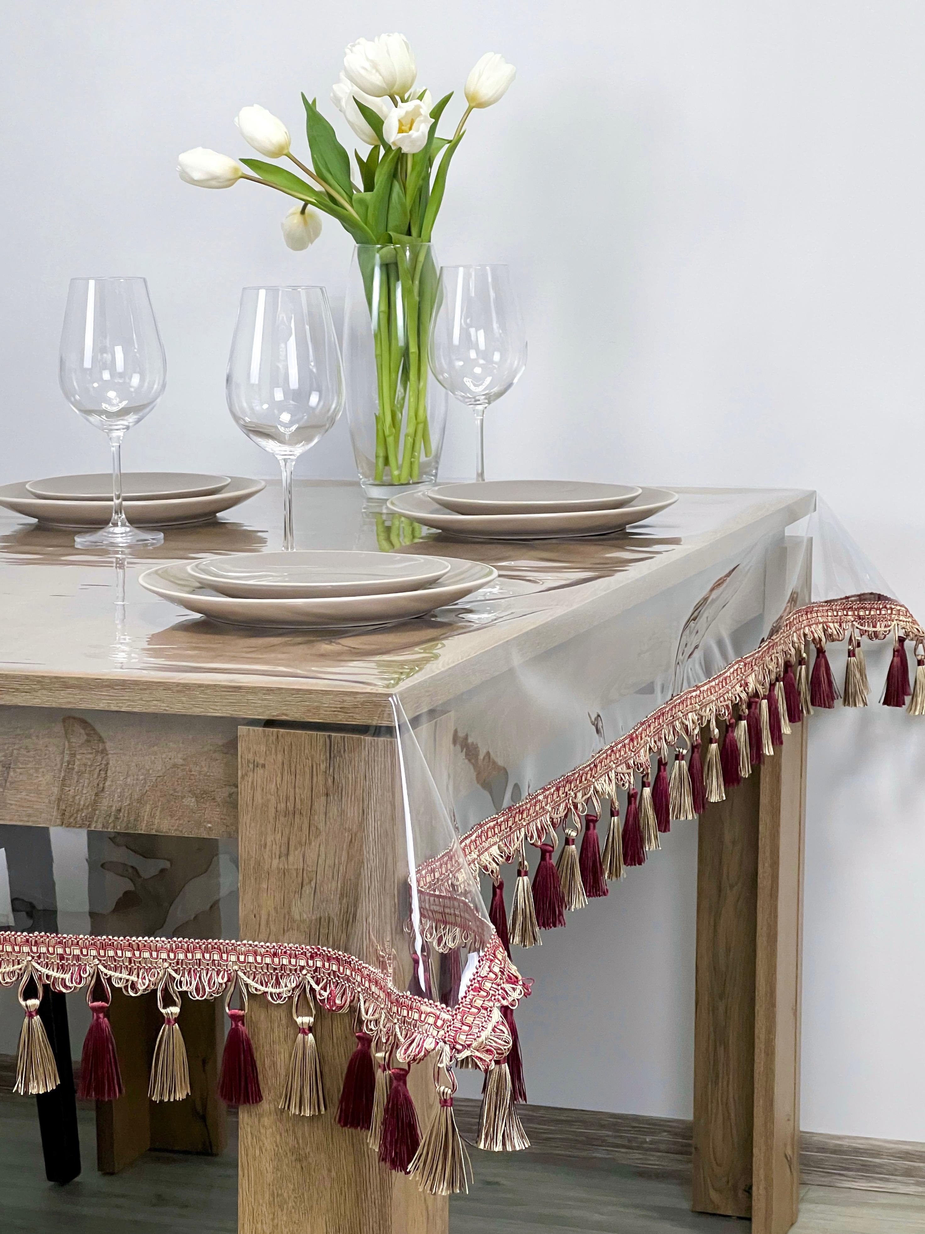 Скатертина силіконова з бахромою 200x130 см Бордово-молочний (507-59)