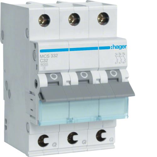 Автоматичний вимикач Hager QC 3P 32A C 6 kA MCS332 3M - фото 1