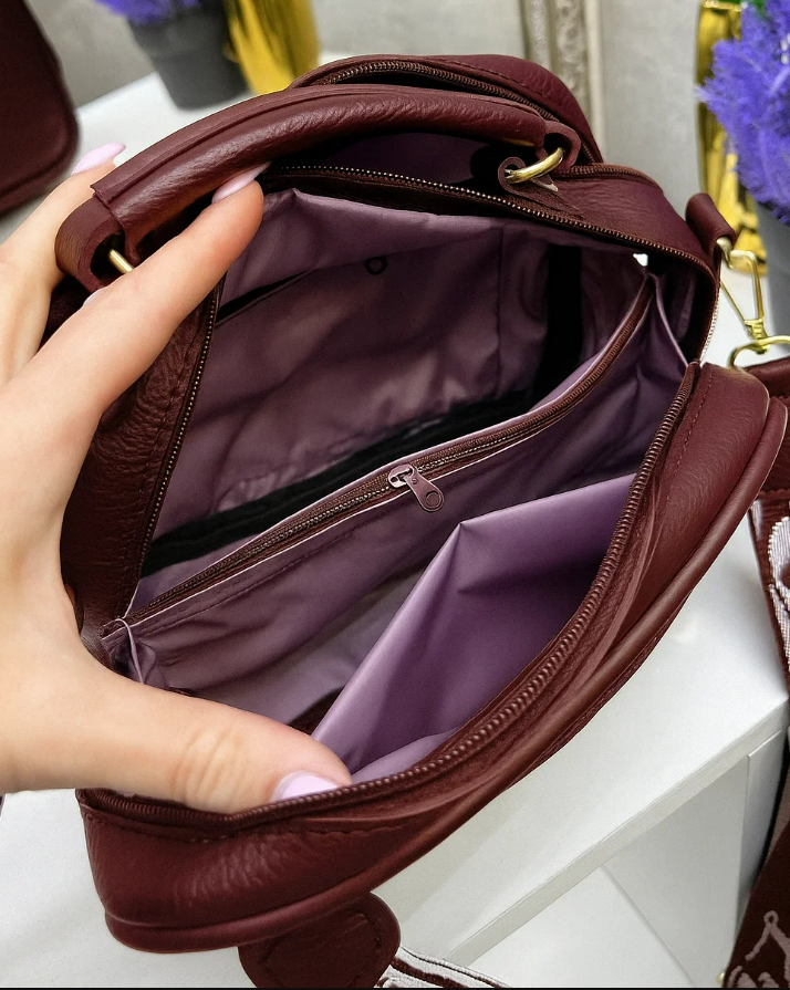 Сумка женская кросс-боди маленькая из экокожи через плечо на широком ремне Бордовый - фото 8