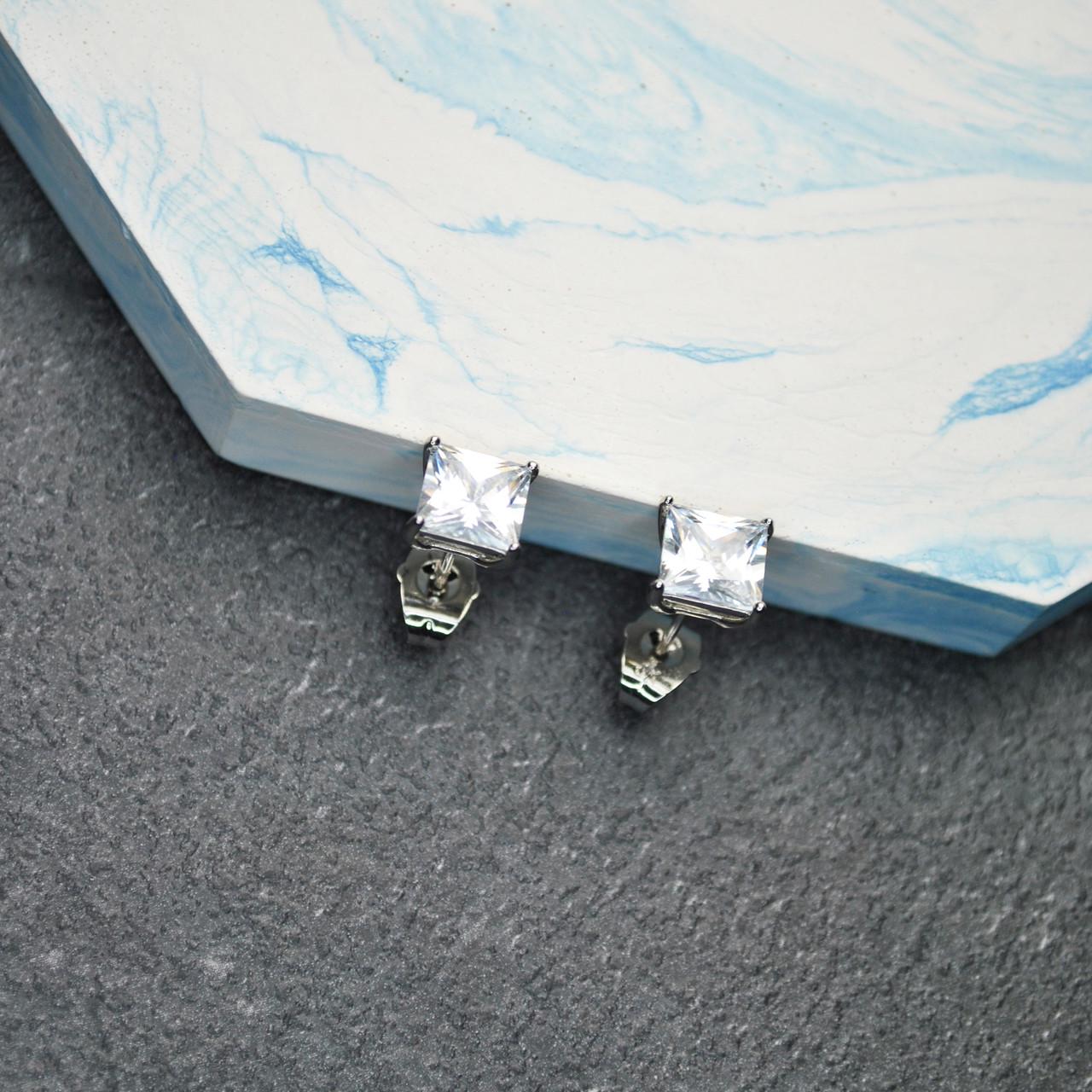 Сережки гвоздики Квадраты медицинская сталь родий 7 мм (x096)