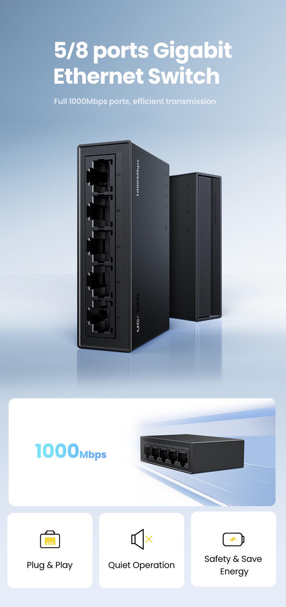 Комутатор мережевий Ugreen 5 портів 10/100/1000 мбіт/с Чорний (35492EU) - фото 3