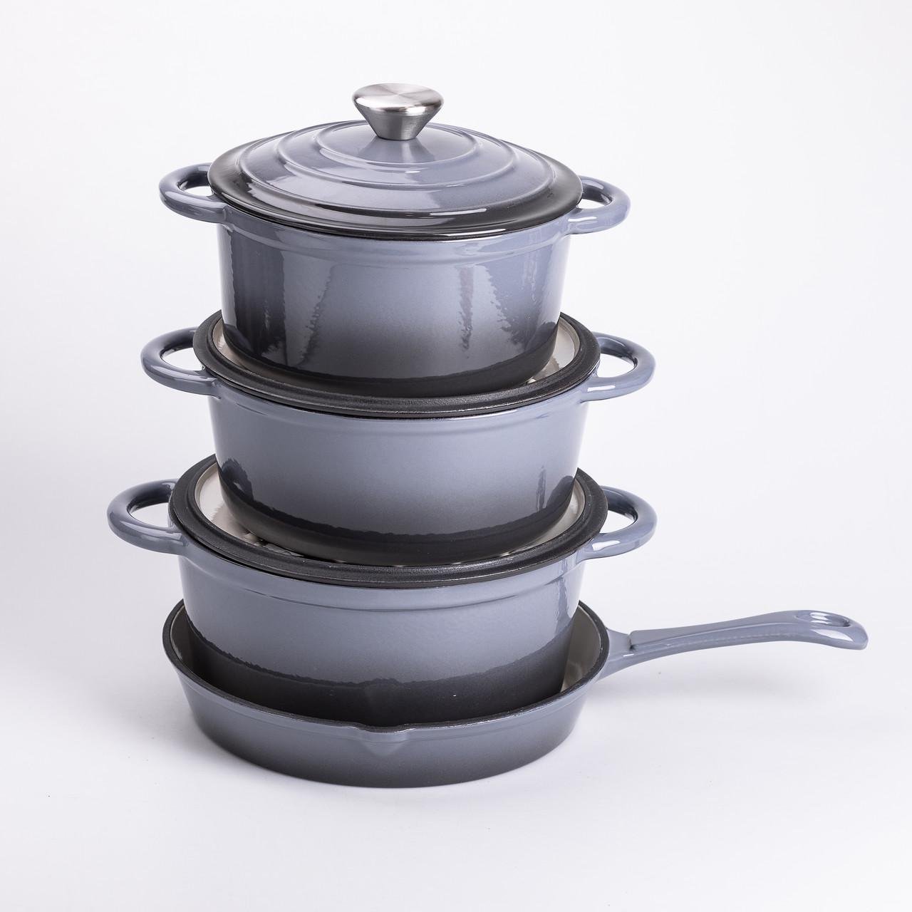 Набор чугунной посуды HP-1-5 для приготовления 3 кастрюли и сковорода с эмалированным покрытием Серый (7248) - фото 5 Набор чугунной посуды HP-1-5 для приготовления 3 кастрюли и сковорода с эмалированным покрытием Серый (7248) - фото 5
