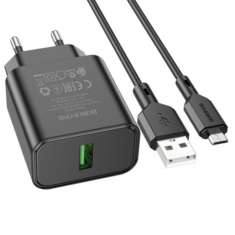 Сетевое зарядное устройство Borofone BA72A Spring QC3.0/18W Micro Black Сетевое зарядное устройство Borofone BA72A Spring QC3.0/18W Micro Black
