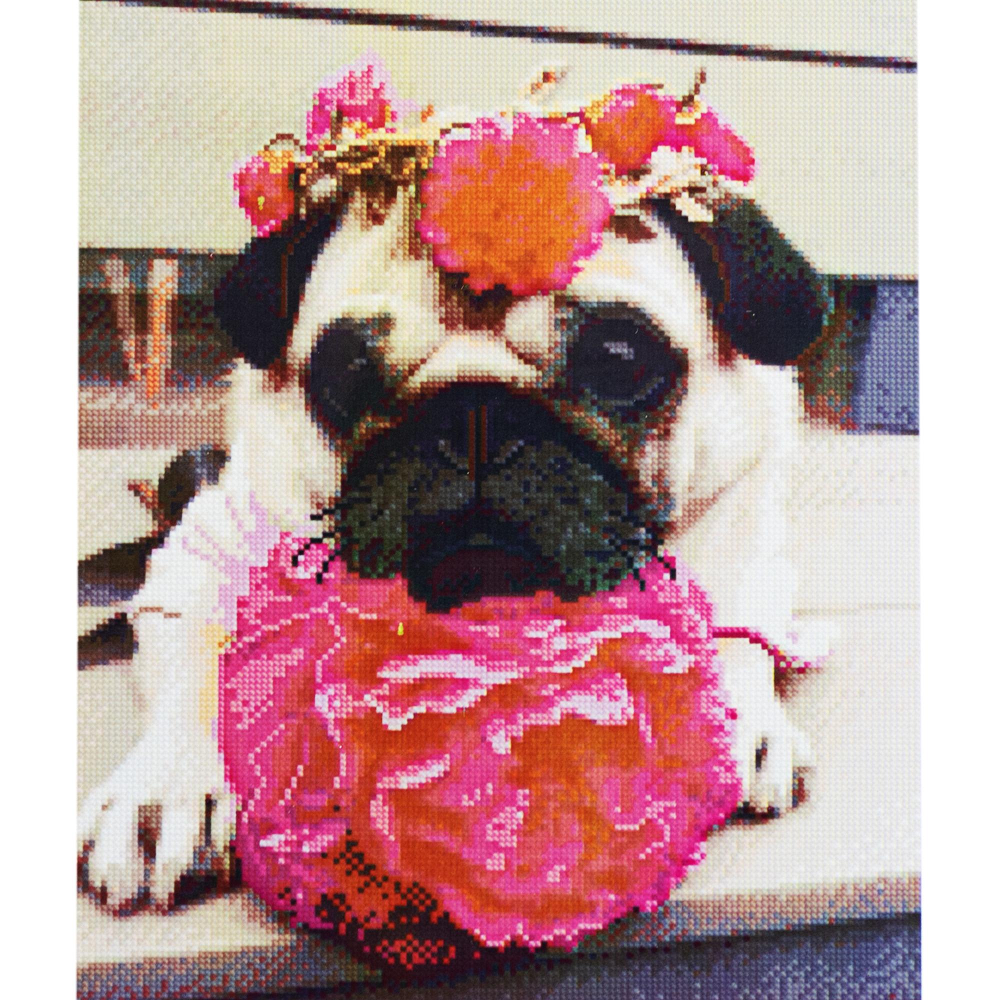 Алмазная мозаика Strateg Мопс с цветами 40х50 см (Str-FA40811)