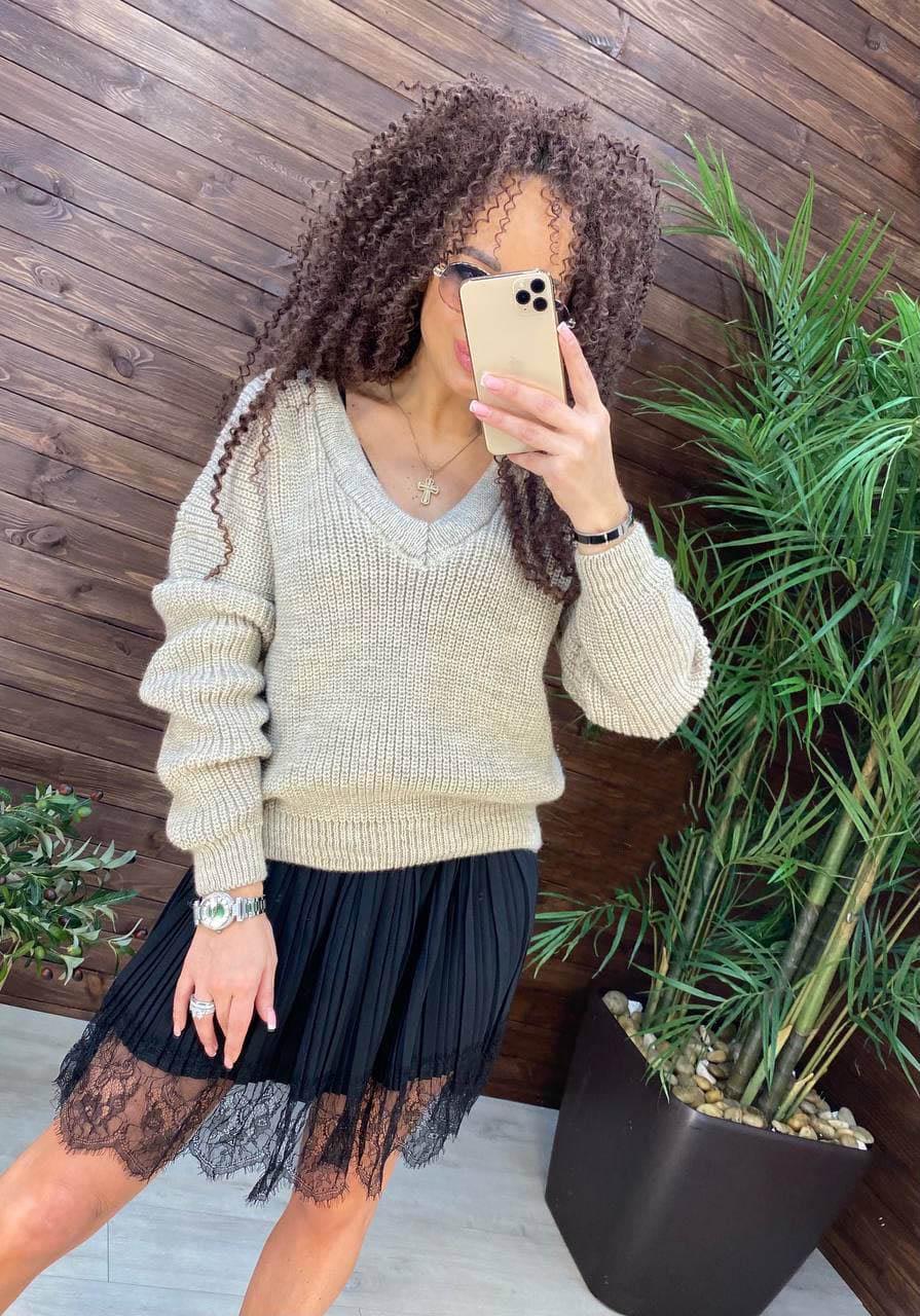 Светр з вирізом Кріс оверсайз р. 44-52 Світло-бежевий (0375)