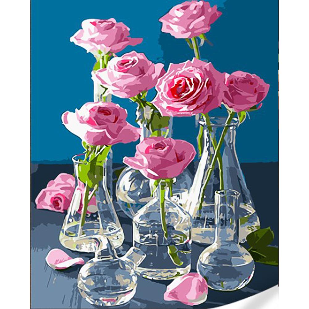 Картина за номерами Strateg Преміум Троянди у скляних вазах з лаком та рівнем 40x50 см (Str-GS1629)