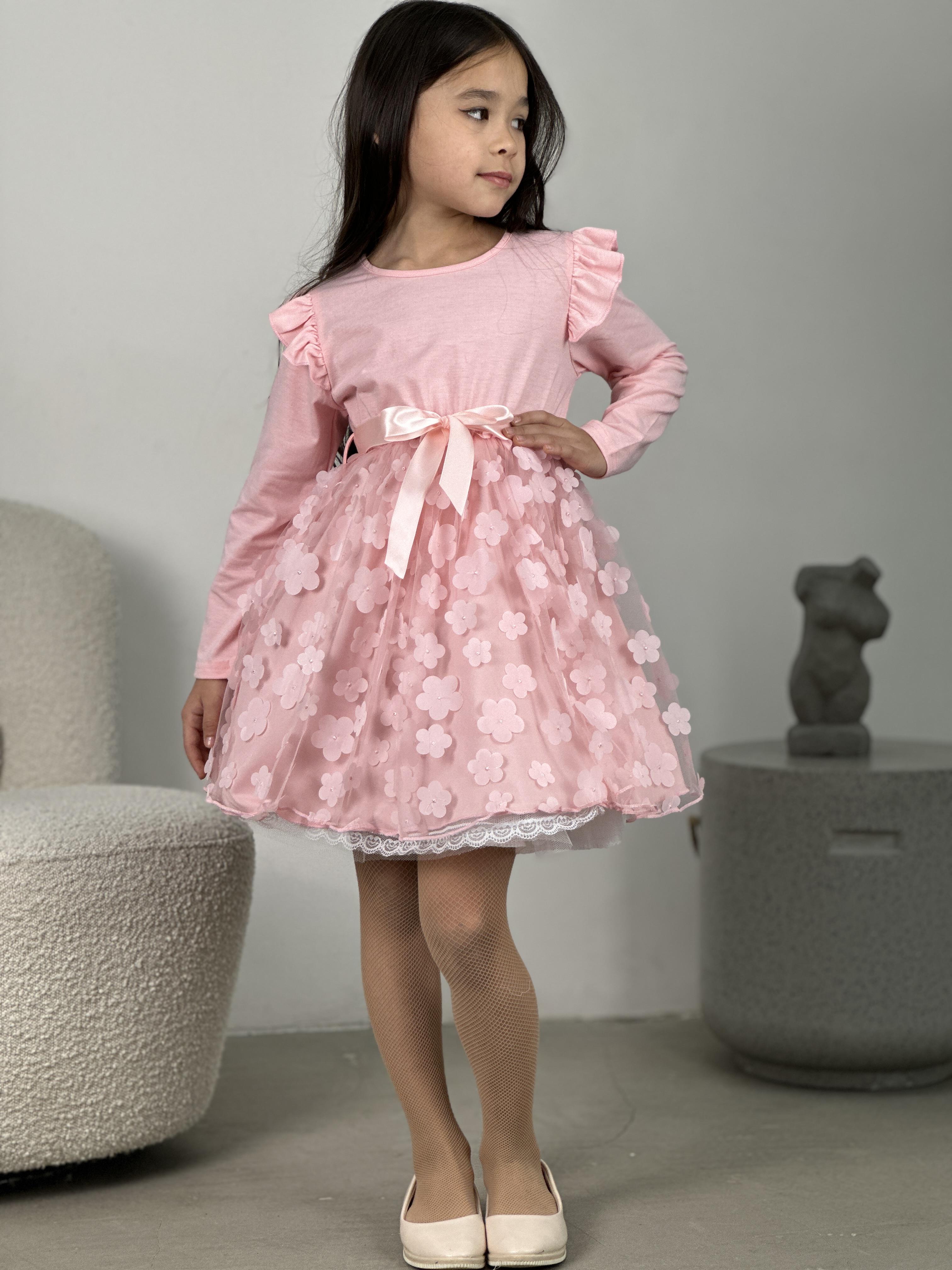 Платье праздничное на девочку KatyKids Цветок с длинным рукавом и фатиновой юбкой 90 см Розоый (11035280401) - фото 3