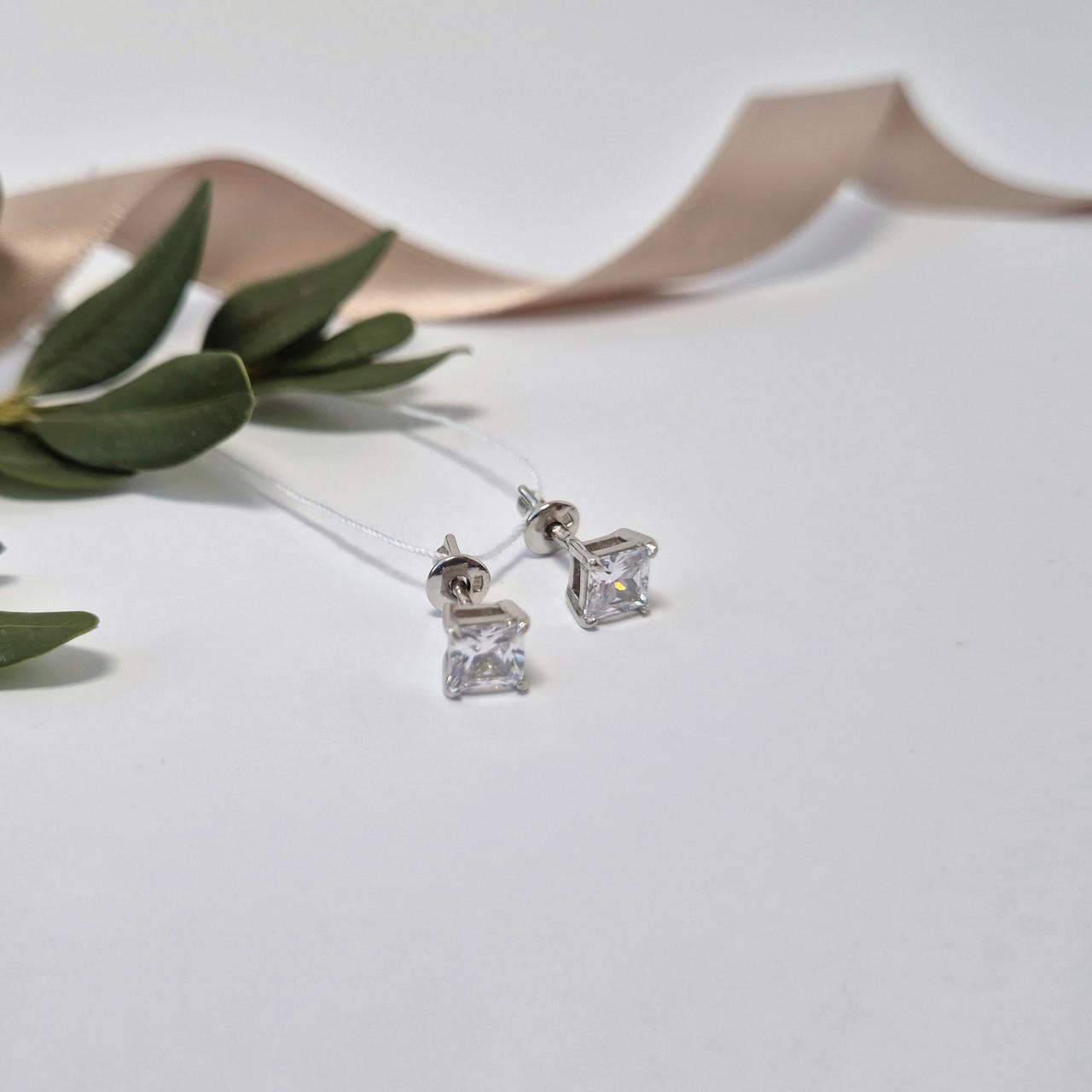 Срібні сережки гвоздики на закрутках квадратний камінь 5 мм 1,61 г (82911б) - фото 3