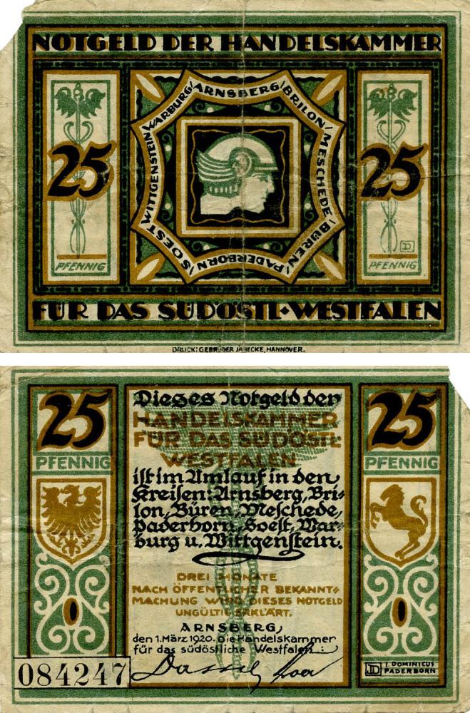 Коллекционная банкнота Германия Нотгельд 25 пфеннигов 1920 F-VF Арнсберг (Б18596)