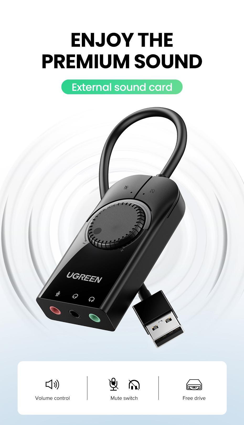 Звукова карта з підтримкою мікрофону UGREEN USB-3x 3,5 мм minijack 16 біт/48 кГц TRS AUX з керуванням гучності 1 м Чорний (50599) - фото 14 Звукова карта з підтримкою мікрофону UGREEN USB-3x 3,5 мм minijack 16 біт/48 кГц TRS AUX з керуванням гучності 1 м Чорний (50599) - фото 14